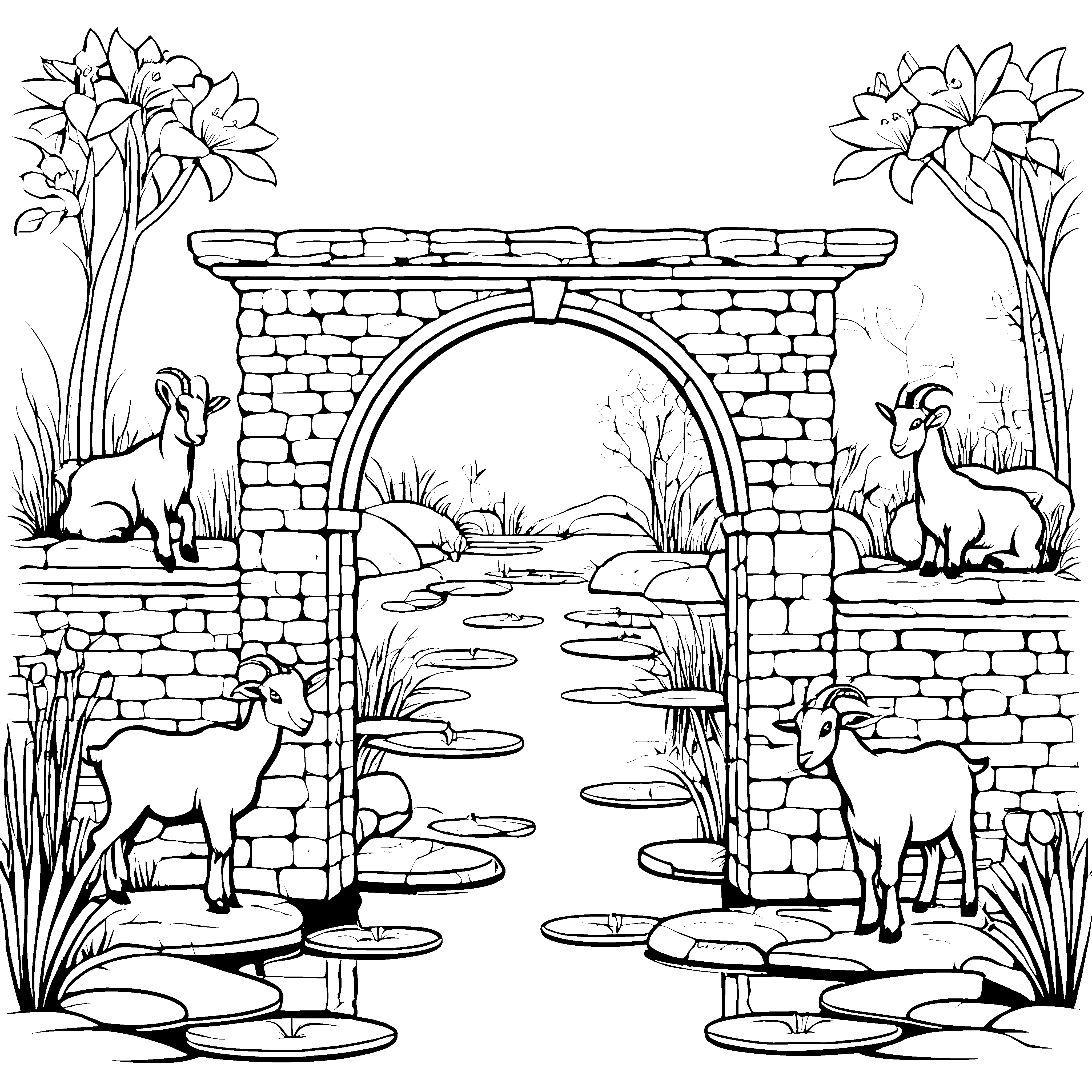 Ziegen auf malerischer Brücke mit Wasserlilien Ausmalvorlage für kleine Entdecker