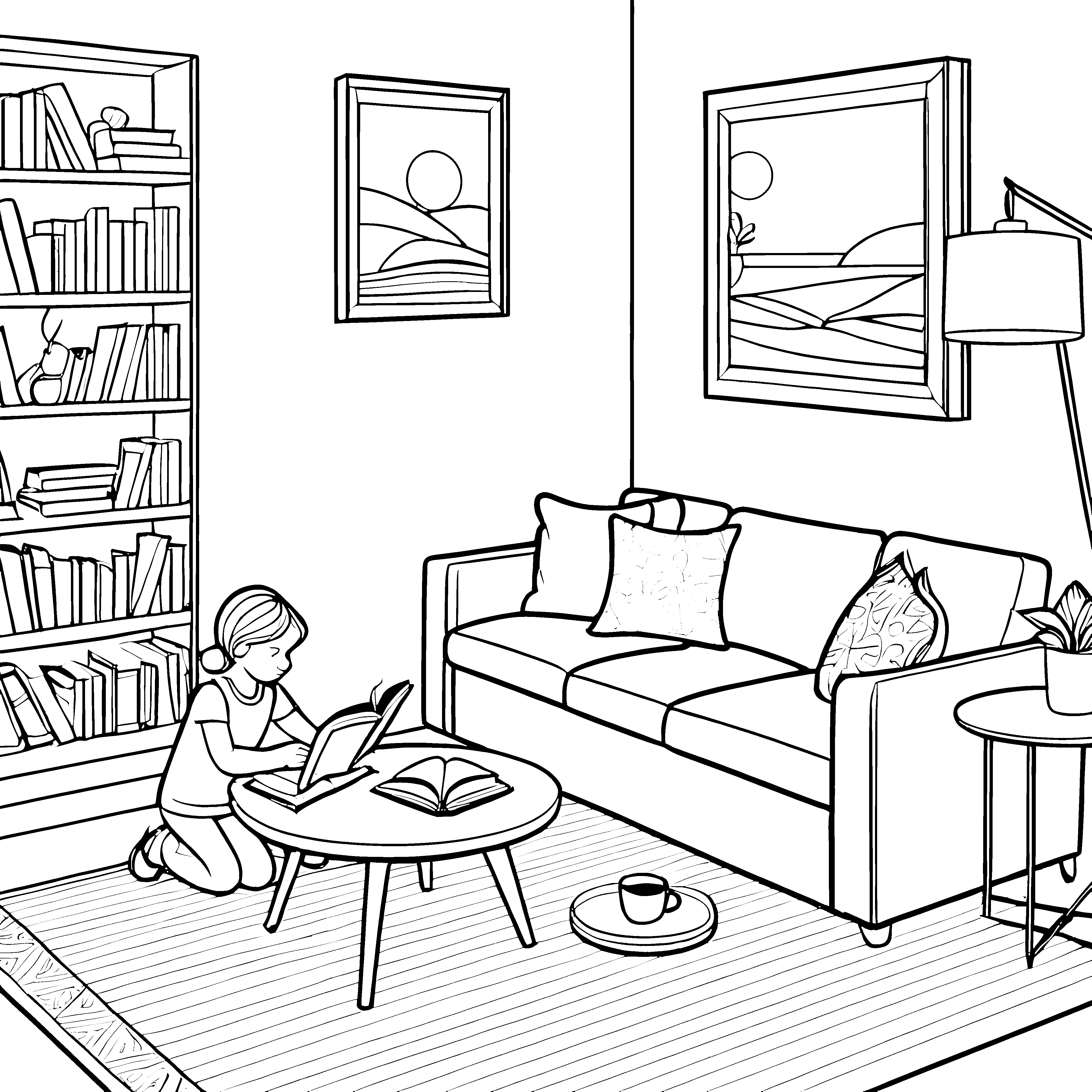Bezauberndes Sofa im gemütlichen Wohnzimmer Ausmalmotiv für kreative Geschichtenerzähler