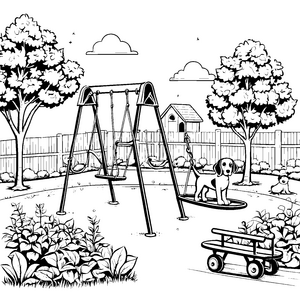 Beagle auf der Schaukel im sonnigen Garten Ausmalbild für fröhliche Tierfreunde
