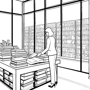 Wissbegieriger Bibliothekar mit spannenden Büchern Ausmalbild für neugierige Leseratten