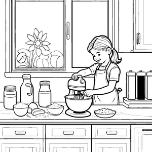 Kreativer Handmixer im bunten Küchenabenteuer Ausmalmotiv für fröhliche Meisterbäcker