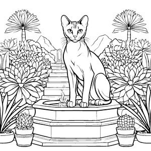 Sphynx Katze im Gartenparadies Ausmalmotiv für kreative Naturfreunde