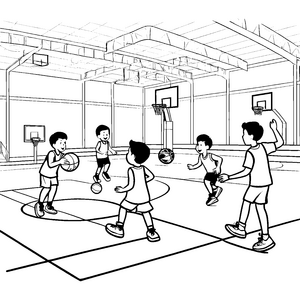 Kreative Basketballspieler in der Sporthalle Malvorlage für begeisterte Teamplayer