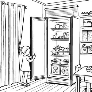 Entdeckungsreise zum bunten Kühlschrank mit frischem Obst Ausmalbild für neugierige Kleine