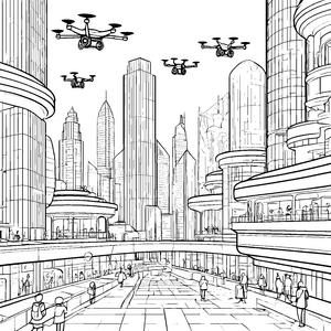 Futuristische Skyline mit schwebenden Drohnen Ausmalbild für neugierige Stadtentdecker