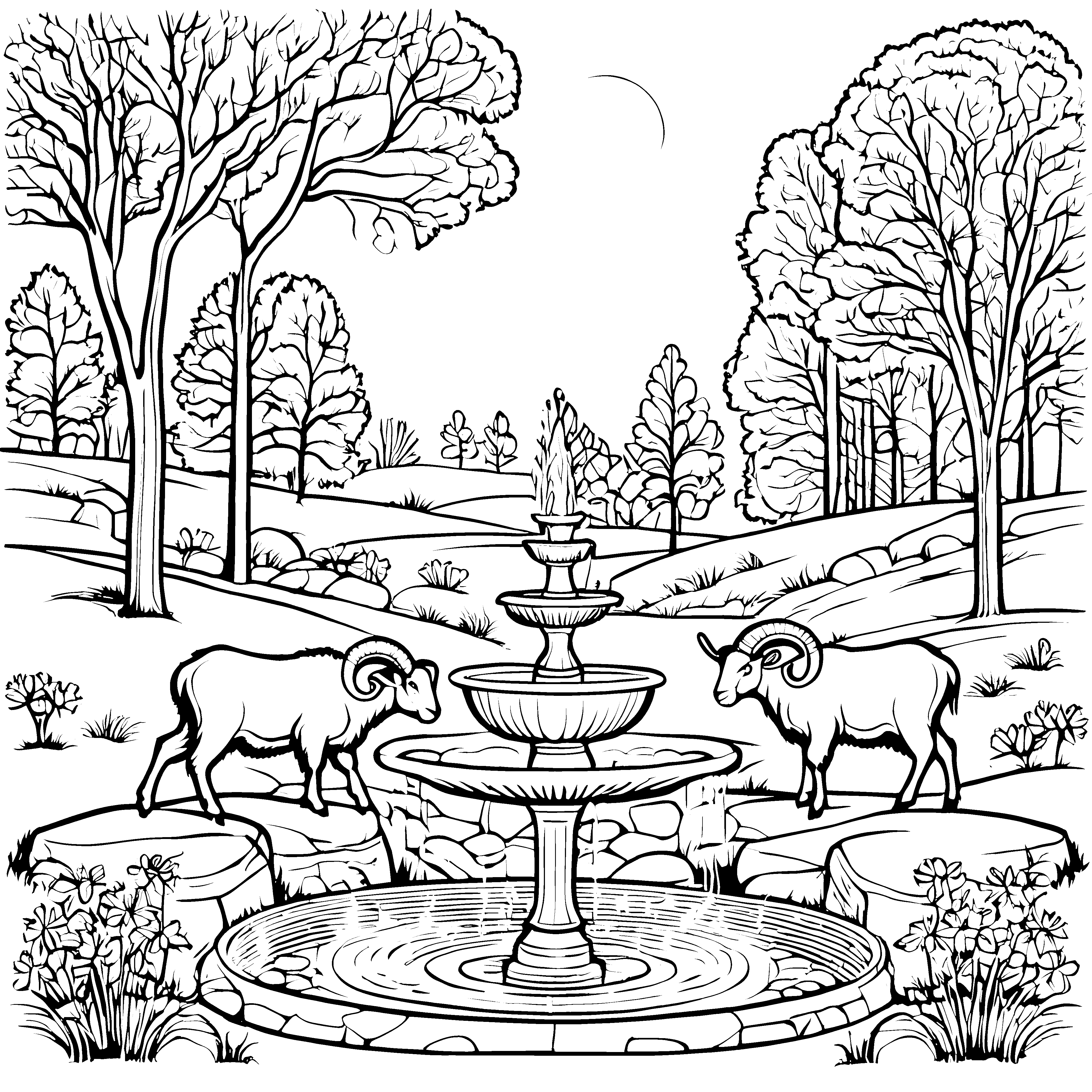 Zwei neugierige Widder am sprudelnden Brunnen Ausmalbild für kleine Naturforscher