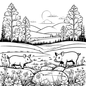 Verspielte Wildschwein-Babys im bunten Blumenfeld Ausmalbild für kleine Naturentdecker