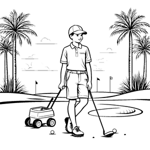 Fröhlicher Golfer mit coolem Wagen Ausmalvorlage für junge Sportenthusiasten