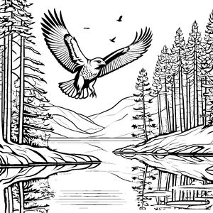 Majestätischer Bussard im Flug über glitzerndem See Ausmalbild für wilde Naturentdecker