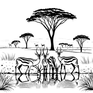 Elegant graue Gazellen am Wasserloch Ausmalvorlage für neugierige Naturforscher