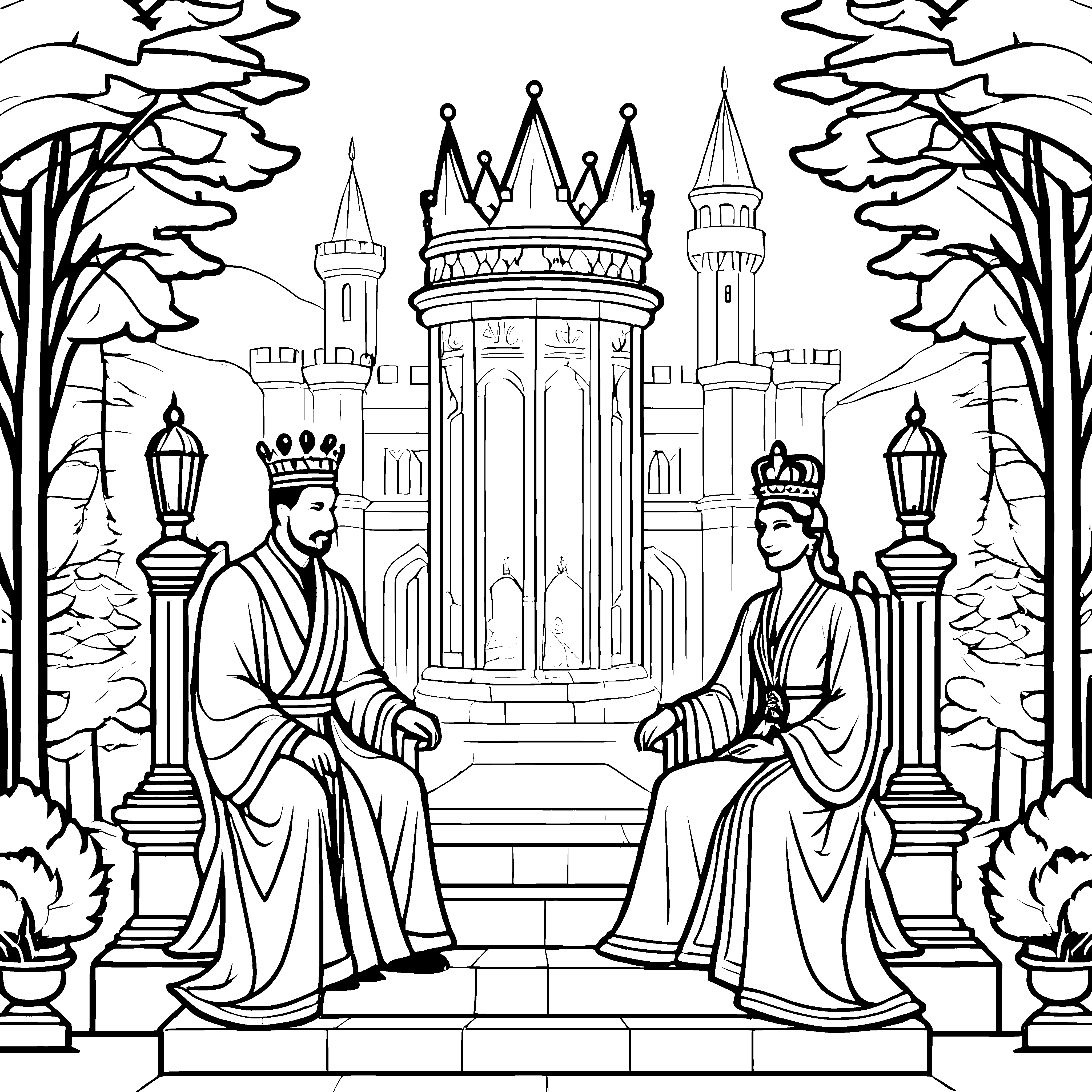 Majestätisches Königspaar auf dem Thron Ausmalbild für kreative Geschichtenerzähler