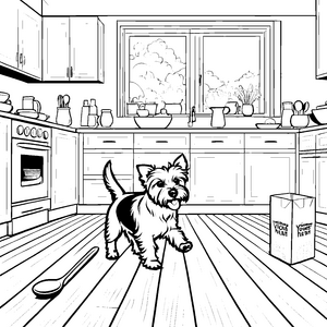 Witziger Yorkshire Terrier in der Kochküche Ausmalmotiv für neugierige Tierentdecker