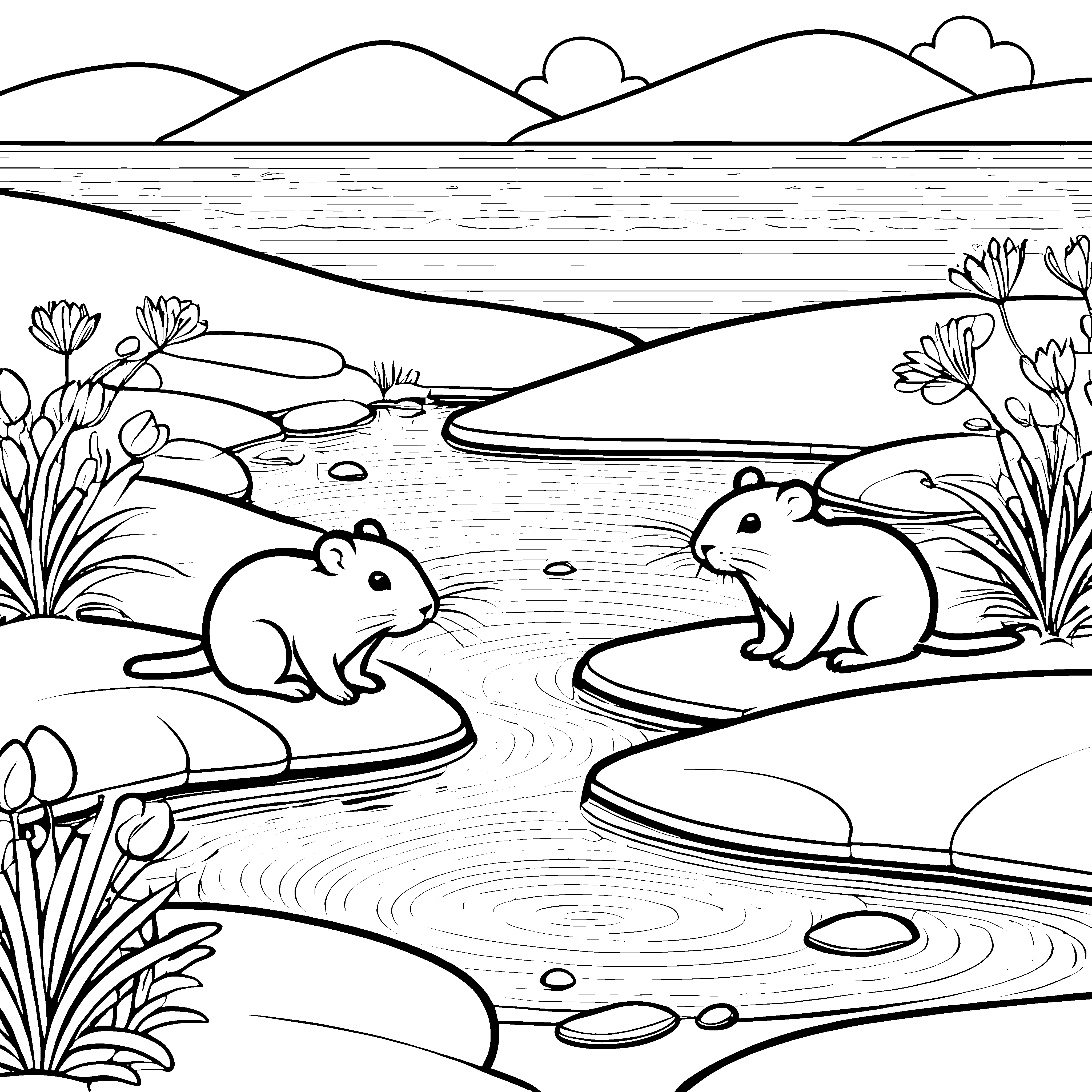 Süße Lemminge beim Planschen im kühlen Wasser Ausmalmotiv für kleine Abenteurer
