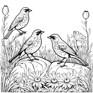 Flirtende Vögel im bunten Blumenmeer Ausmalvorlage für fröhliche Entdecker