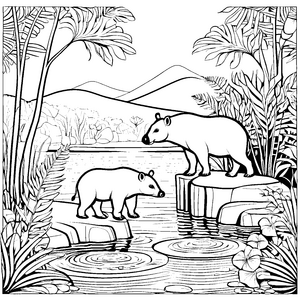 Verspielte Tapir-Jungtiere am glitzernden Wasserfall Ausmalvorlage für neugierige Naturentdecker