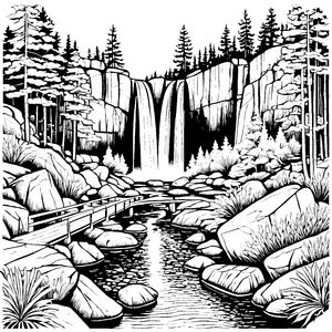 Majestätischer Wasserfall mit schimmerndem Bach Ausmalmotiv für abenteuerlustige Naturfreunde