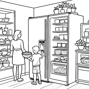 Kühlschrank-Abenteuer mit frischen Leckereien Ausmalmotiv für kleine Küchenchefs
