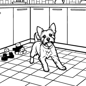 Verspielter Yorkshire Terrier im Wohnraum Ausmalvorlage für neugierige Tierentdecker