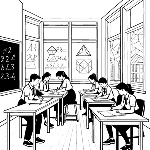 Kreative Schülergruppe beim Mathematikunterricht Ausmalvorlage für wissbegierige Entdecker