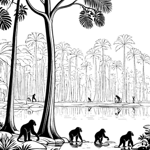 Neugierige Bonobos beim Wasserplanschen Ausmalmotiv für kleine Abenteuerlustige