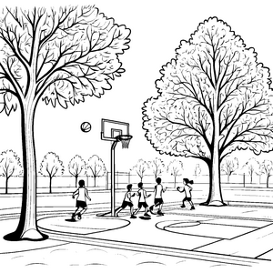 Begeisterte Kinder beim Basketballspiel Ausmalvorlage für sportliche Entdecker