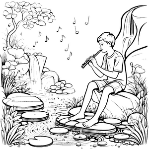 Melodische Flötenklänge am plätschernden Wasser Ausmalmotiv für imaginative Musikfreunde