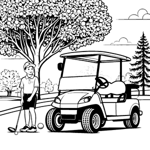 Dynamisches Golfcart mit aufgeregtem Spieler Ausmalbild für sportliche Entdecker