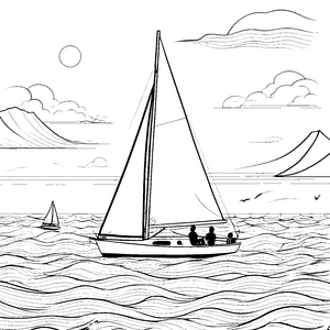 Abenteuerliche Segelbootfahrt auf dem offenen Meer Ausmalbild für junge Wasserentdecker