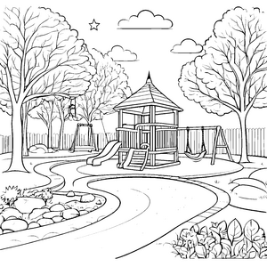 Fröhlicher Spielplatz mit bunten Rutschen Ausmalvorlage für kleine Abenteurer