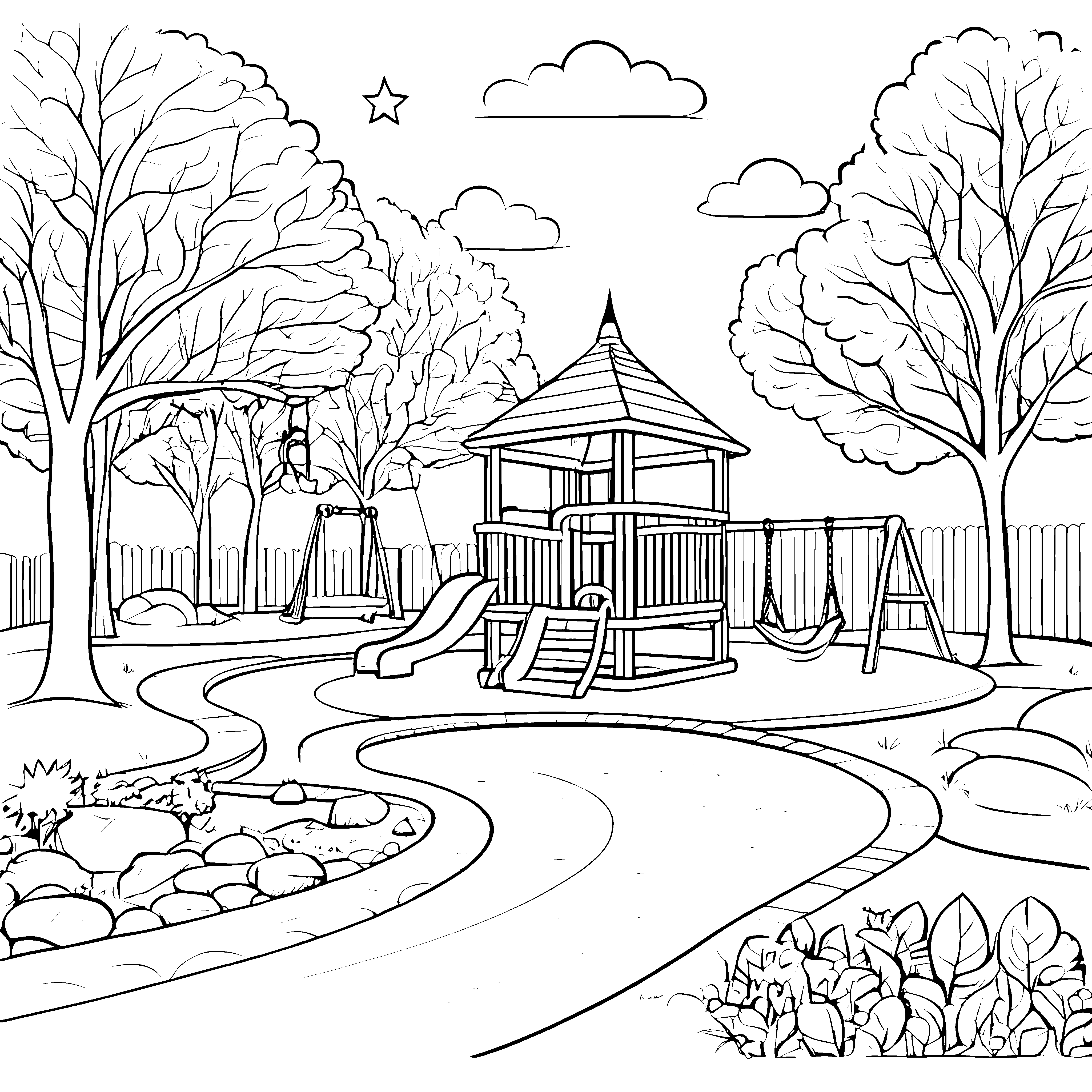 Fröhlicher Spielplatz mit bunten Rutschen Ausmalvorlage für kleine Abenteurer