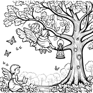 Fröhlicher Engel auf der Schaukel unter dem Baum Ausmalmotiv für kleine Traumschmiede