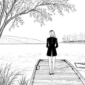 Eleganter Damen-Blazer vor malerischer Seelandschaft Ausmalbild für stilbewusste Modefreunde