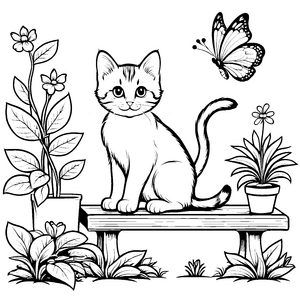Witzige Katze auf rustikalem Holzplatz Ausmalvorlage für kleine Naturfreunde