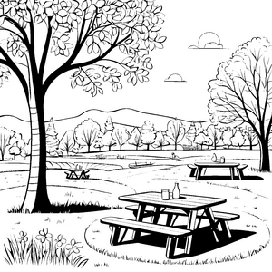 Idyllische Picknicktische unter blühenden Bäumen Ausmalvorlage für kleine Naturentdecker