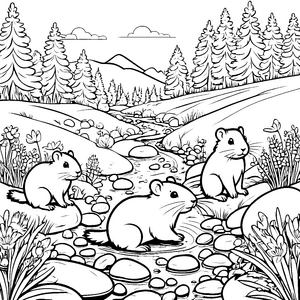 Lustige Lemminge Babys am sprudelnden Bach Ausmalmotiv für neugierige Naturentdecker