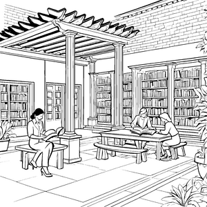 Wissbegierige Bibliothekare beim spannenden Lesemoment Ausmalvorlage für kleine Bücherwürmer