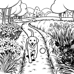 Fröhlicher Labrador auf blühendem Wiesenweg Ausmalmotiv für kleine Naturfreunde