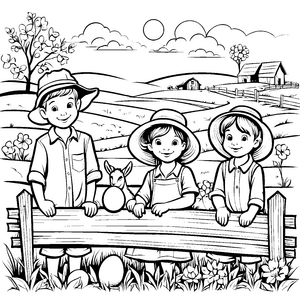 Fröhliche Kinder mit Tieren auf dem Bauernhof Ausmalbild für neugierige Landentdecker