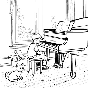 Fröhlicher Junge am Klavier mit neugieriger Katze Ausmalbild für kreative Musikfreunde