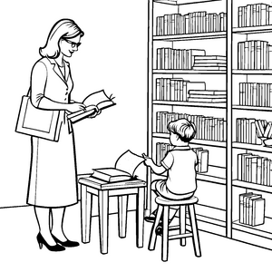 Kreative Bibliothekarin berät jungen Leser Ausmalmotiv für wissenshungrige Entdecker