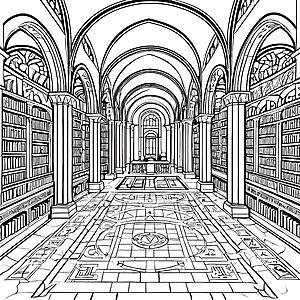 Faszinierende Universitätsbibliothek mit alten Schätzen Ausmalbild für wissbegierige Entdecker