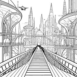 Futuristische Stadtlandschaft mit schwebenden Fahrzeugen Ausmalmotiv für kleine Traumerfinder