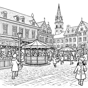 Bezaubernder Weihnachtsmarkt mit festlicher Atmosphäre Ausmalvorlage für frohe Weihnachtsfans