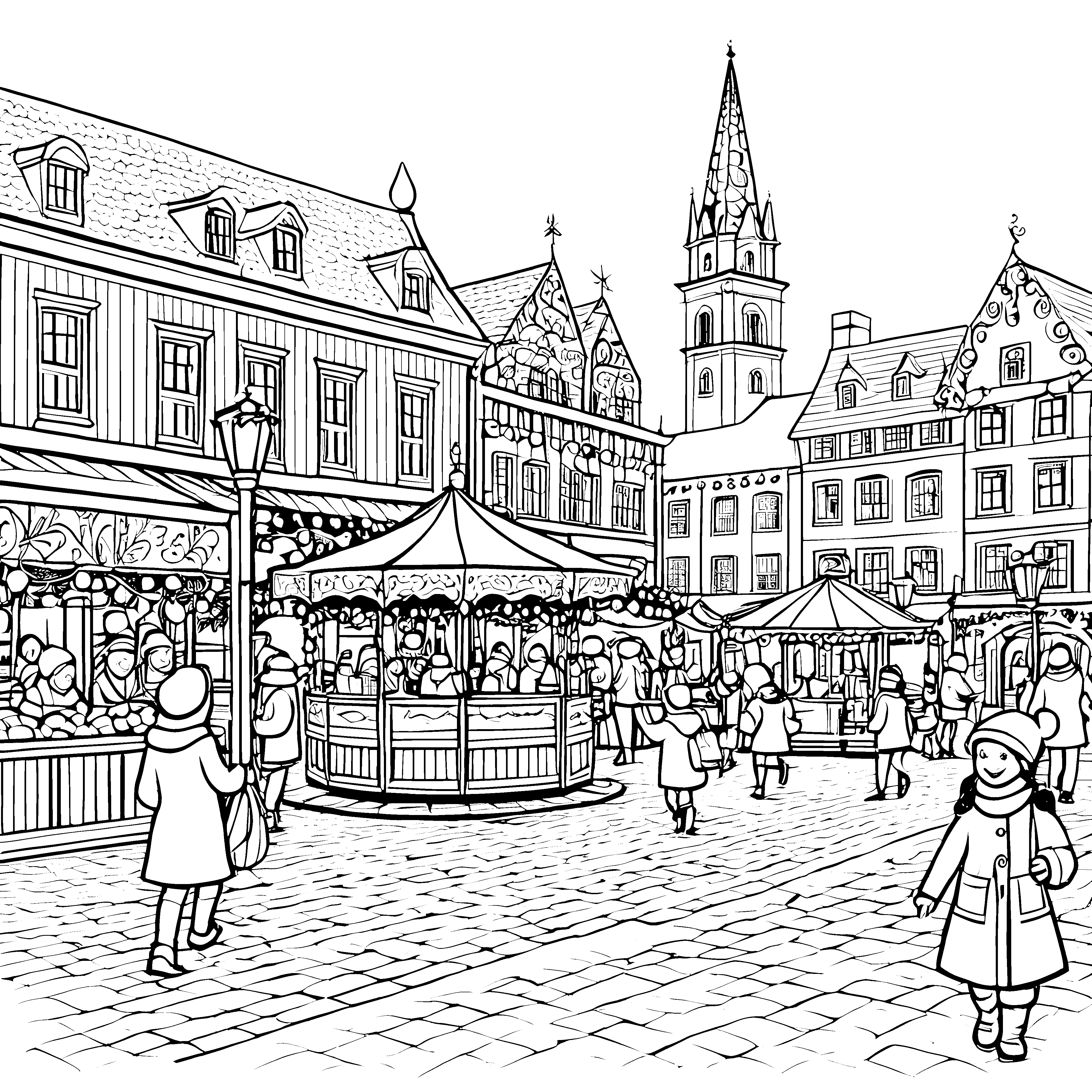 Bezaubernder Weihnachtsmarkt mit festlicher Atmosphäre Ausmalvorlage für frohe Weihnachtsfans