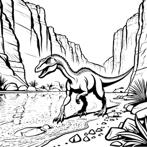 Dynamischer Velociraptor am glitzernden Wasser Ausmalbild für abenteuerliche Entdecker