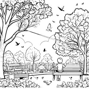 Traumhafte Gartenbank mit spielenden Vögeln Ausmalmotiv für neugierige Naturfreunde