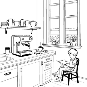 Kreative Kaffeemaschine in der gemütlichen Küche Ausmalmotiv für neugierige kleine Baristas