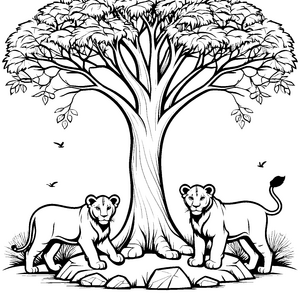 Verspielte Löwenbabys unter großem Baum Ausmalbild für kleine Abenteuerer