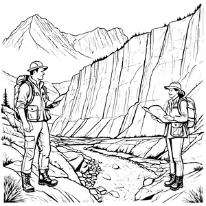 Geologen bei spannender Erkundung der Berglandschaft Ausmalbild für wissbegierige Entdecker
