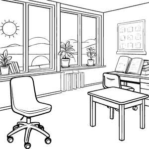Kreativer Drehstuhl im bunten Arbeitszimmer Ausmalvorlage für neugierige Entdecker
